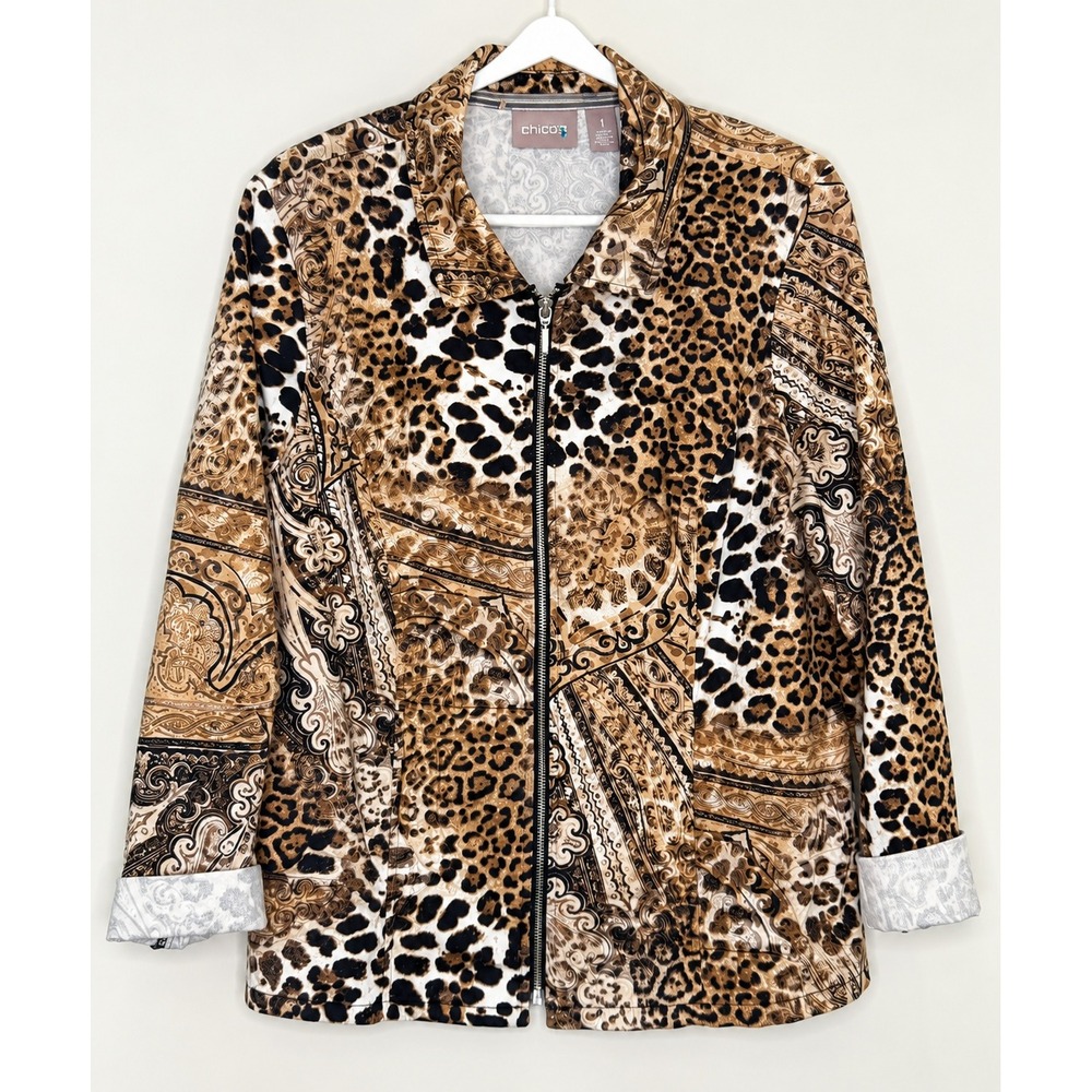 Chicos Leopard Paisley Zip Up Jacket Brown Tan Animal Print Stretch Size 1 M